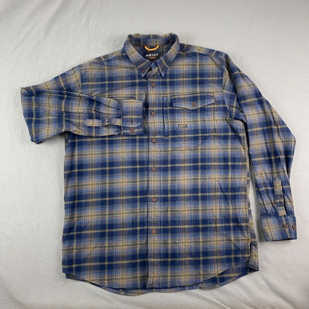 Ariat Rebar Flannel Shirt Mens L Workwear Utility pockets Plaid blue brown